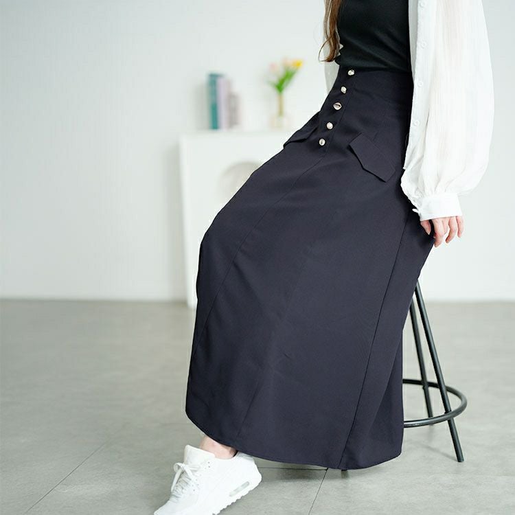 大きいサイズ レディース パールボタンとろみツイルフレアスカート　tana-651009