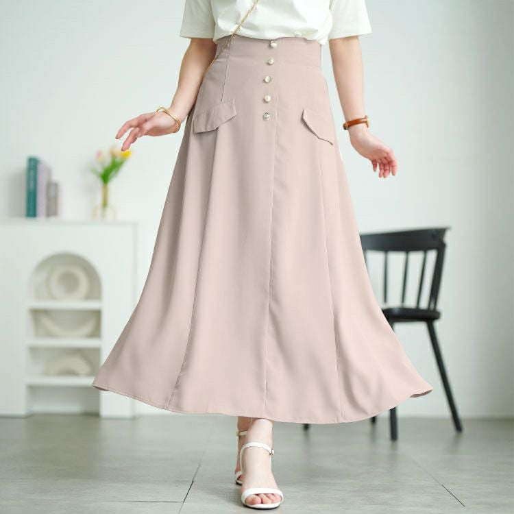 大きいサイズ レディース パールボタンとろみツイルフレアスカート　tana-651009