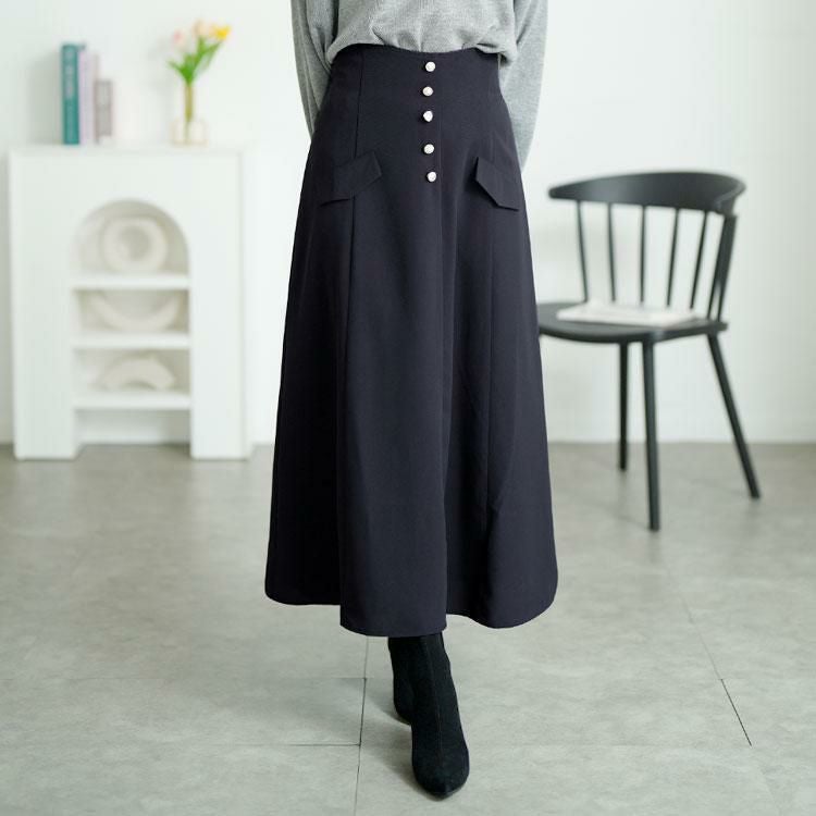 大きいサイズ レディース パールボタンとろみツイルフレアスカート　tana-651009 ネイビー