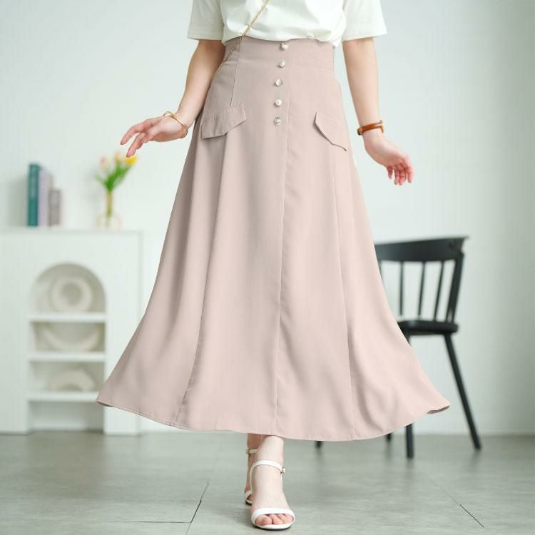 大きいサイズ レディース パールボタンとろみツイルフレアスカート　tana-651009 オフベージュ