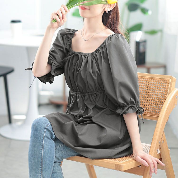 大きいサイズ レディース スクエアネックギャザーペプラムチュニック　tana-351021