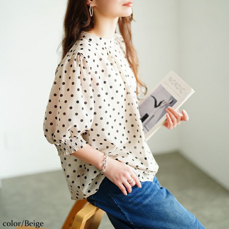大きいサイズ レディース ドット柄バンドカラーパフスリーブブラウス　tana-351020【メール便可】