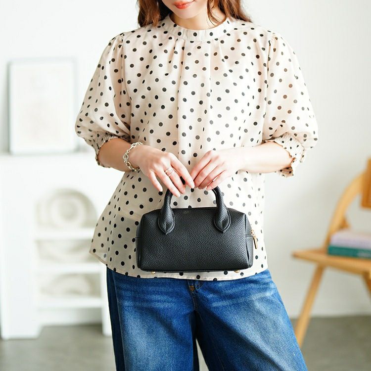 大きいサイズ レディース ドット柄バンドカラーパフスリーブブラウス　tana-351020【メール便可】
