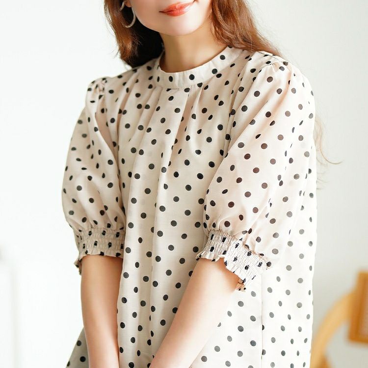 大きいサイズ レディース ドット柄バンドカラーパフスリーブブラウス　tana-351020【メール便可】