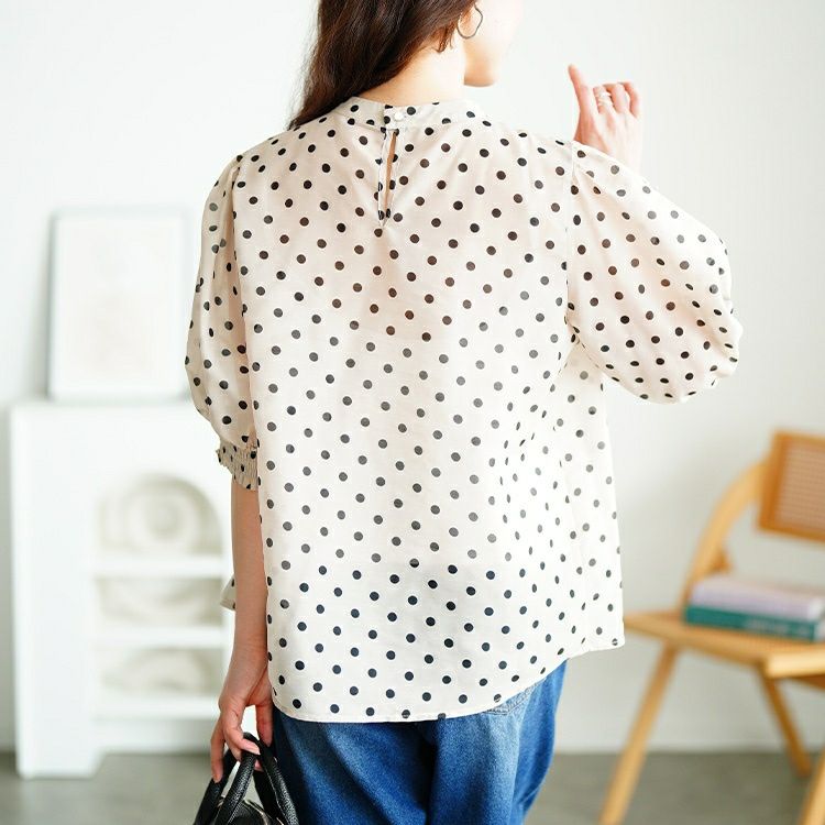 大きいサイズ レディース ドット柄バンドカラーパフスリーブブラウス　tana-351020【メール便可】