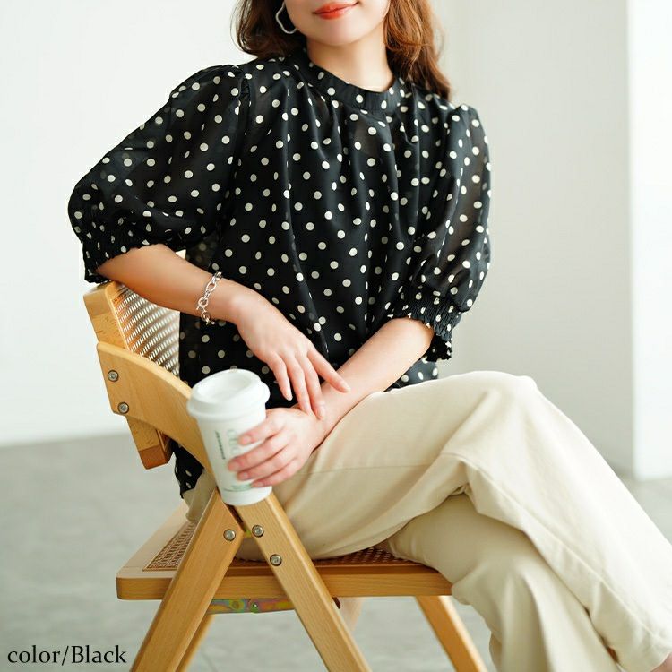 大きいサイズ レディース ドット柄バンドカラーパフスリーブブラウス　tana-351020【メール便可】