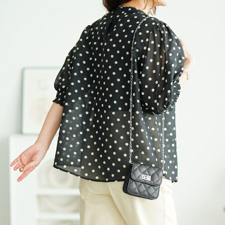 大きいサイズ レディース ドット柄バンドカラーパフスリーブブラウス　tana-351020【メール便可】