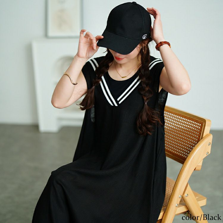 大きいサイズ レディース 麻混Vネック配色ラインジャンパースカート　tog-1025