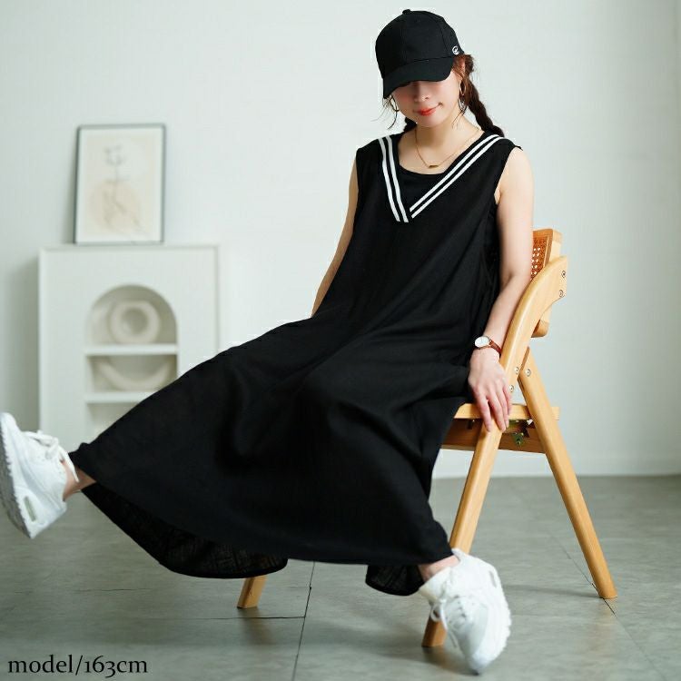 大きいサイズ レディース 麻混Vネック配色ラインジャンパースカート　tog-1025