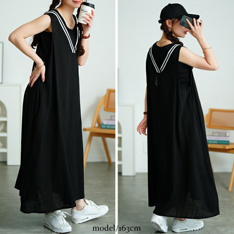 大きいサイズ レディース 麻混Vネック配色ラインジャンパースカート　tog-1025