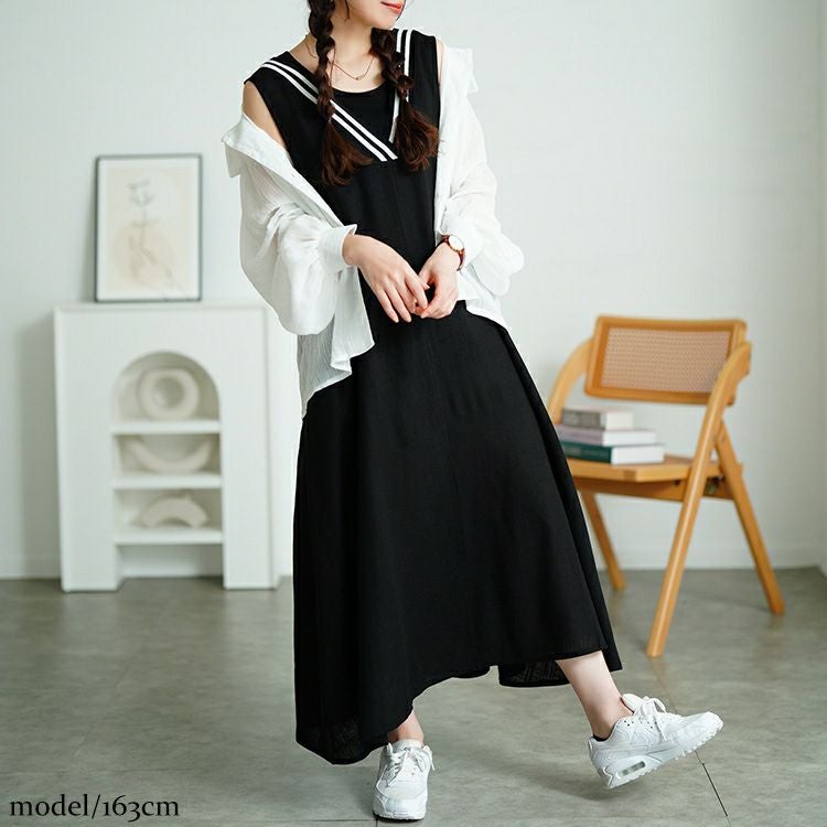 大きいサイズ レディース 麻混Vネック配色ラインジャンパースカート　tog-1025