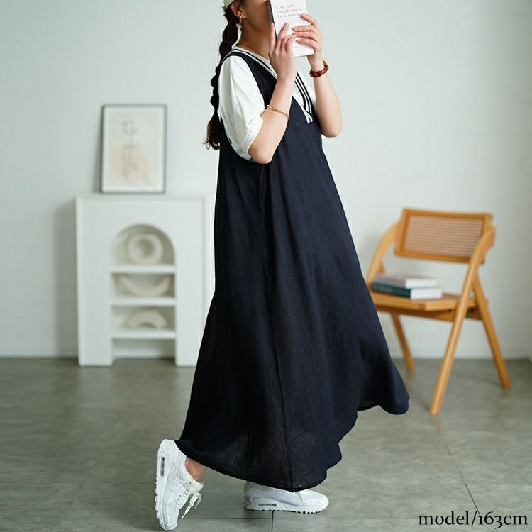 大きいサイズ レディース 麻混Vネック配色ラインジャンパースカート　tog-1025