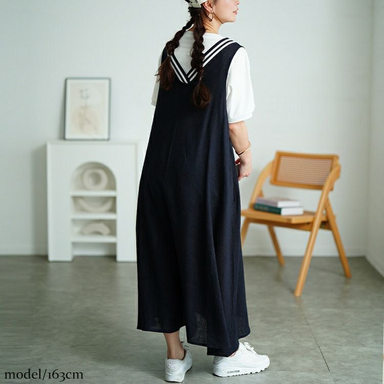 大きいサイズ レディース 麻混Vネック配色ラインジャンパースカート　tog-1025
