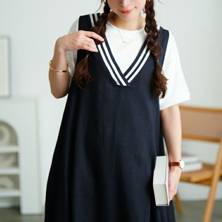 大きいサイズ レディース 麻混Vネック配色ラインジャンパースカート　tog-1025