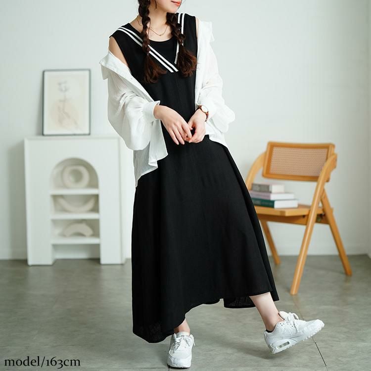 大きいサイズ レディース 麻混Vネック配色ラインジャンパースカート　tog-1025 ブラック