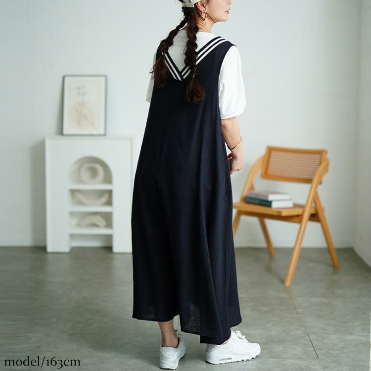 大きいサイズ レディース 麻混Vネック配色ラインジャンパースカート　tog-1025 ネイビー
