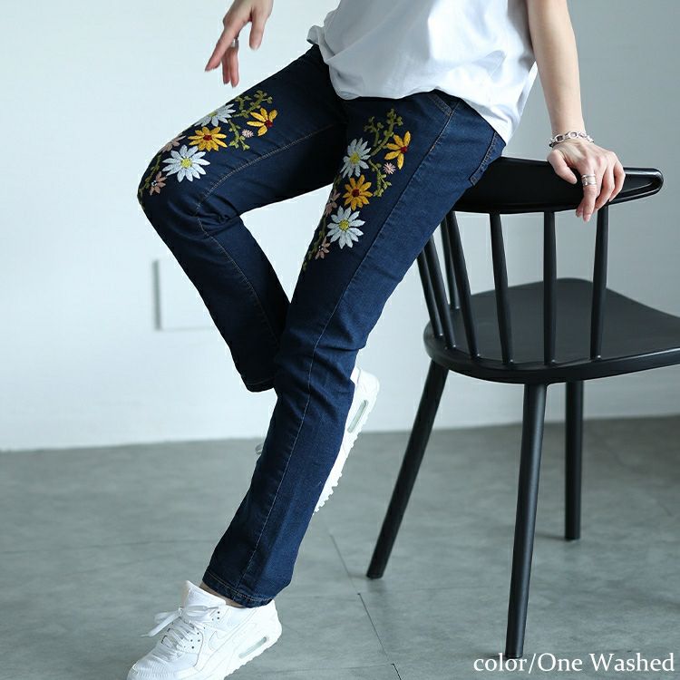 大きいサイズ レディース 花刺繍ストレッチスキニーデニム　wan-wd-0192s