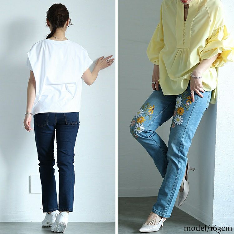 大きいサイズ レディース 花刺繍ストレッチスキニーデニム　wan-wd-0192s