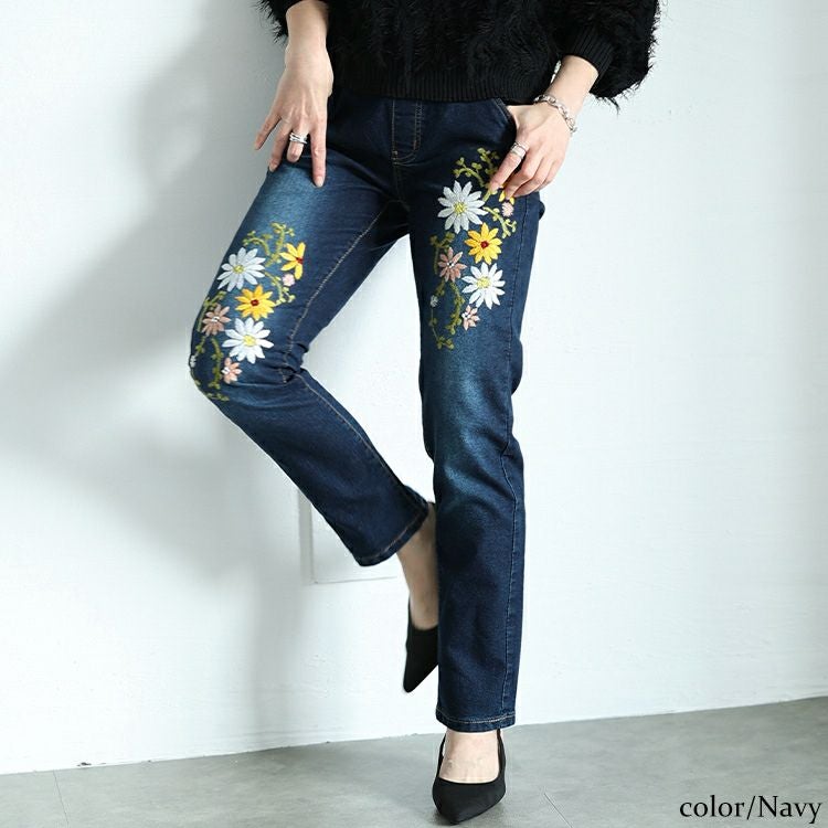 大きいサイズ レディース 花刺繍ストレッチスキニーデニム　wan-wd-0192s