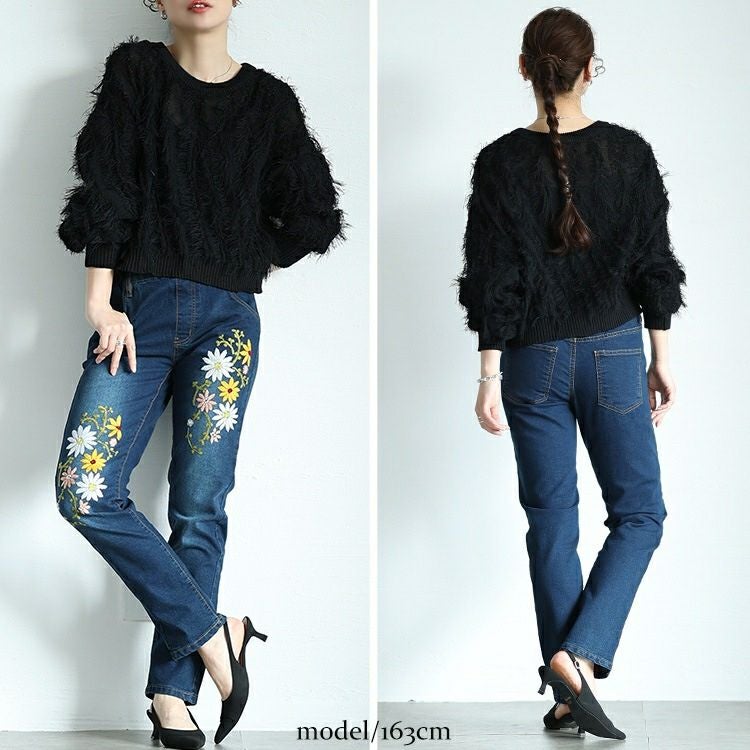 大きいサイズ レディース 花刺繍ストレッチスキニーデニム　wan-wd-0192s