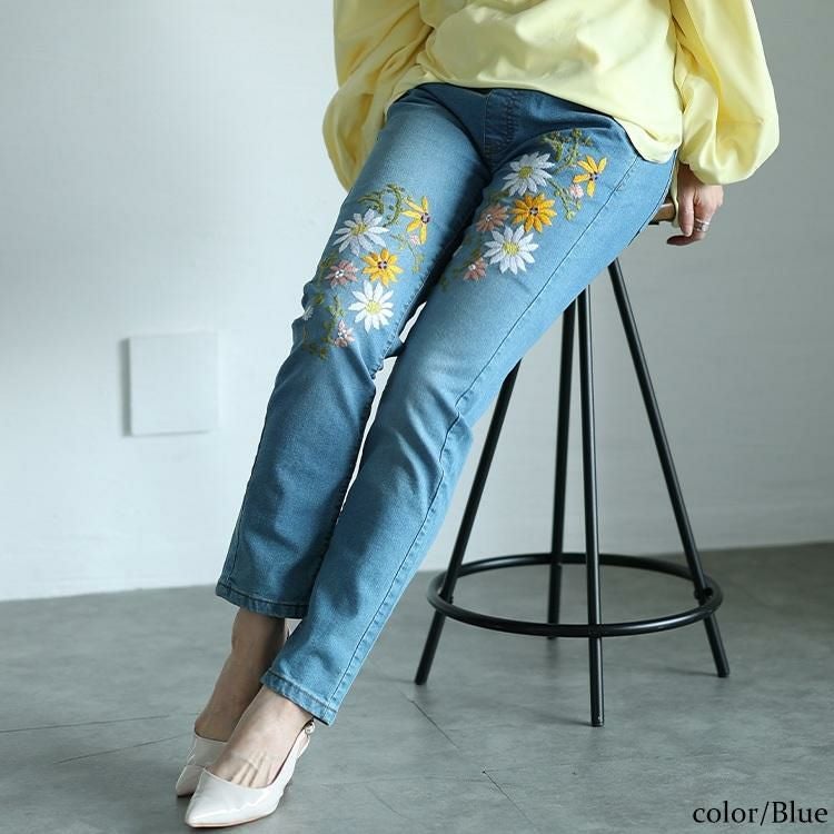 大きいサイズ レディース 花刺繍ストレッチスキニーデニム　wan-wd-0192s ブルー