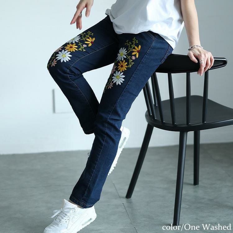 大きいサイズ レディース 花刺繍ストレッチスキニーデニム　wan-wd-0192s ワンウォッシュ