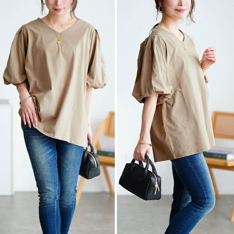 大きいサイズ レディース Vネックパフスリーブコットンカットソー　wk-0527