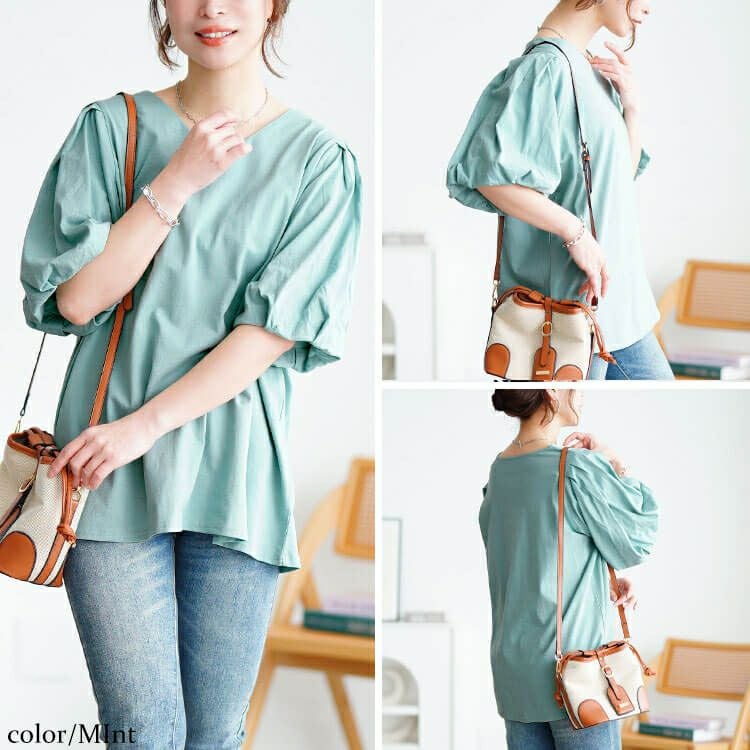 大きいサイズ レディース Vネックパフスリーブコットンカットソー　wk-0527