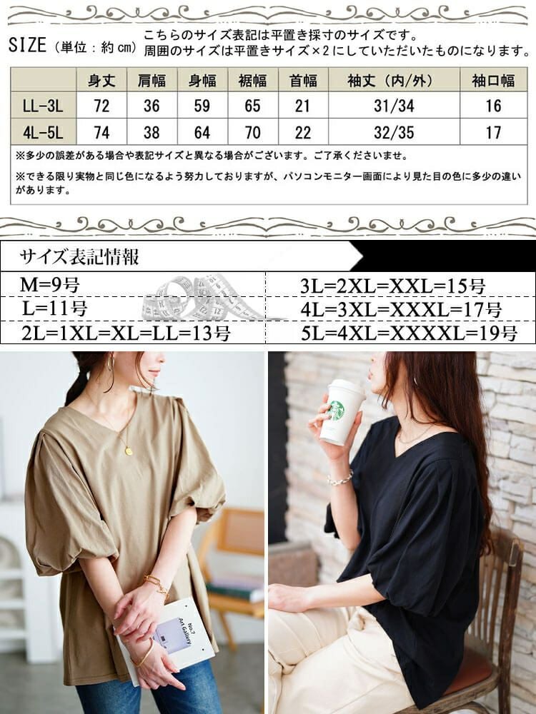 大きいサイズ レディース Vネックパフスリーブコットンカットソー　wk-0527