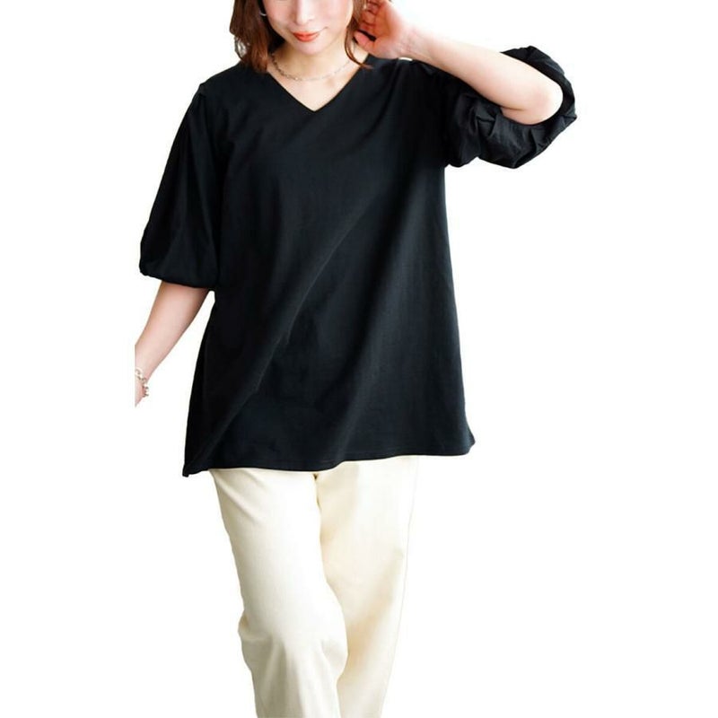 大きいサイズ レディース Vネックパフスリーブコットンカットソー　wk-0527 ブラック