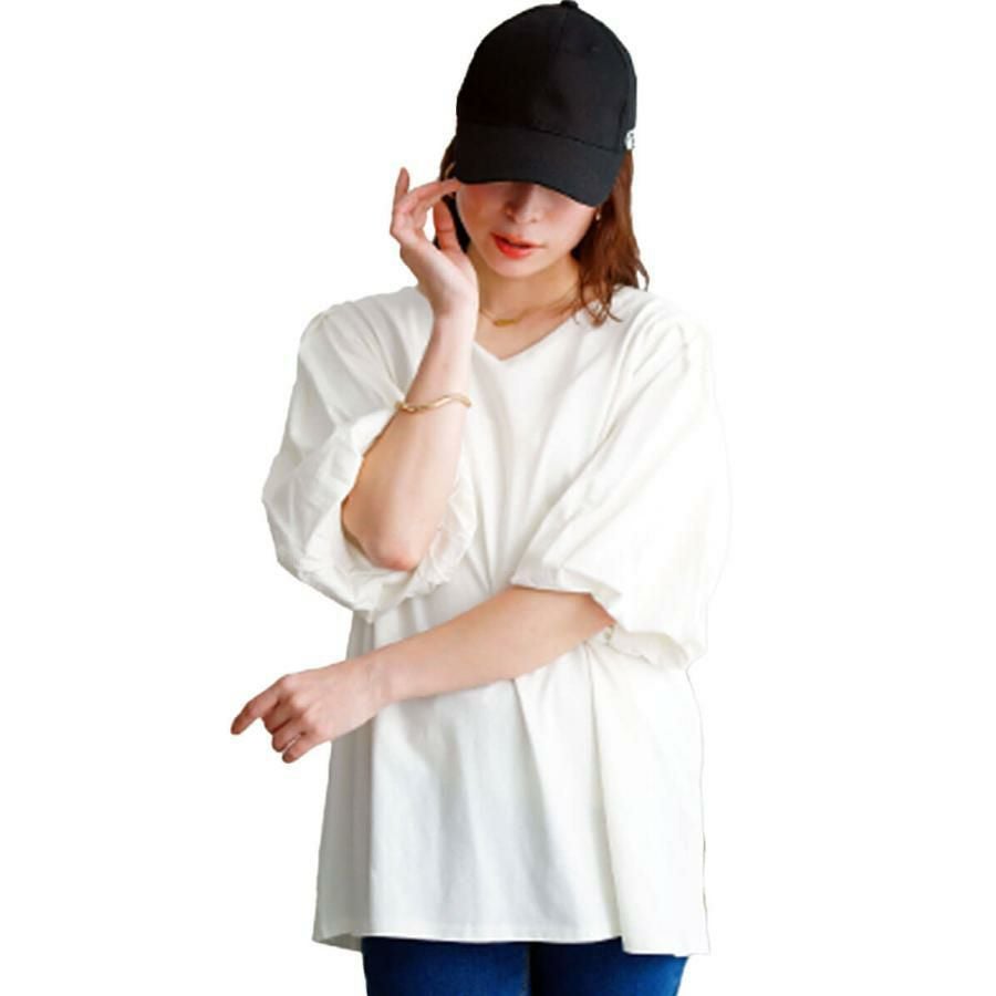大きいサイズ レディース Vネックパフスリーブコットンカットソー　wk-0527 オフホワイト
