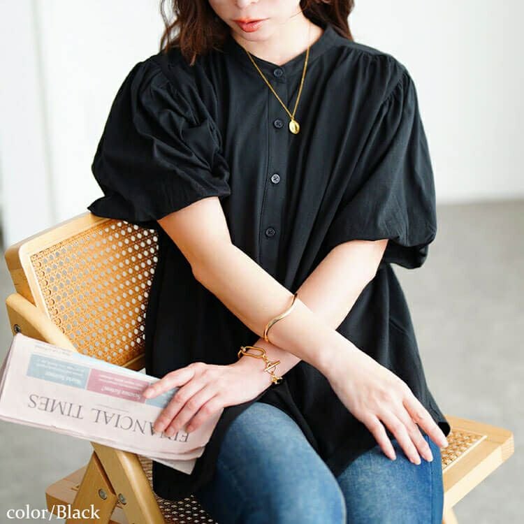 大きいサイズ レディース バンドカラーパフスリーブコットンカットソー　wk-0520【メール便可】