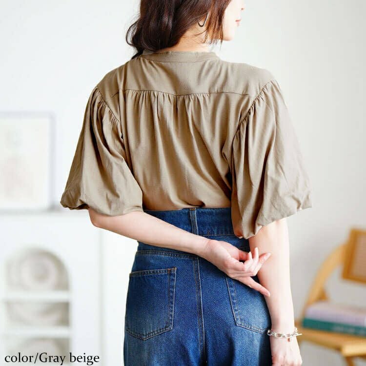 大きいサイズ レディース バンドカラーパフスリーブコットンカットソー　wk-0520【メール便可】