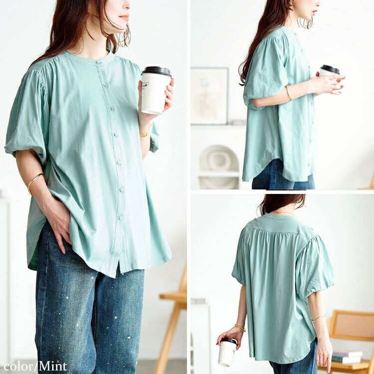 大きいサイズ レディース バンドカラーパフスリーブコットンカットソー　wk-0520【メール便可】