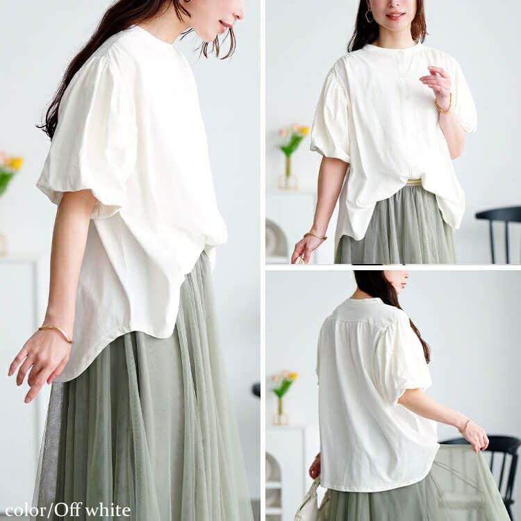大きいサイズ レディース バンドカラーパフスリーブコットンカットソー　wk-0520【メール便可】