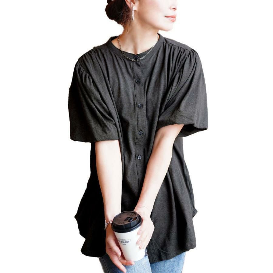 大きいサイズ レディース バンドカラーパフスリーブコットンカットソー　wk-0520【メール便可】 チャコールグレー
