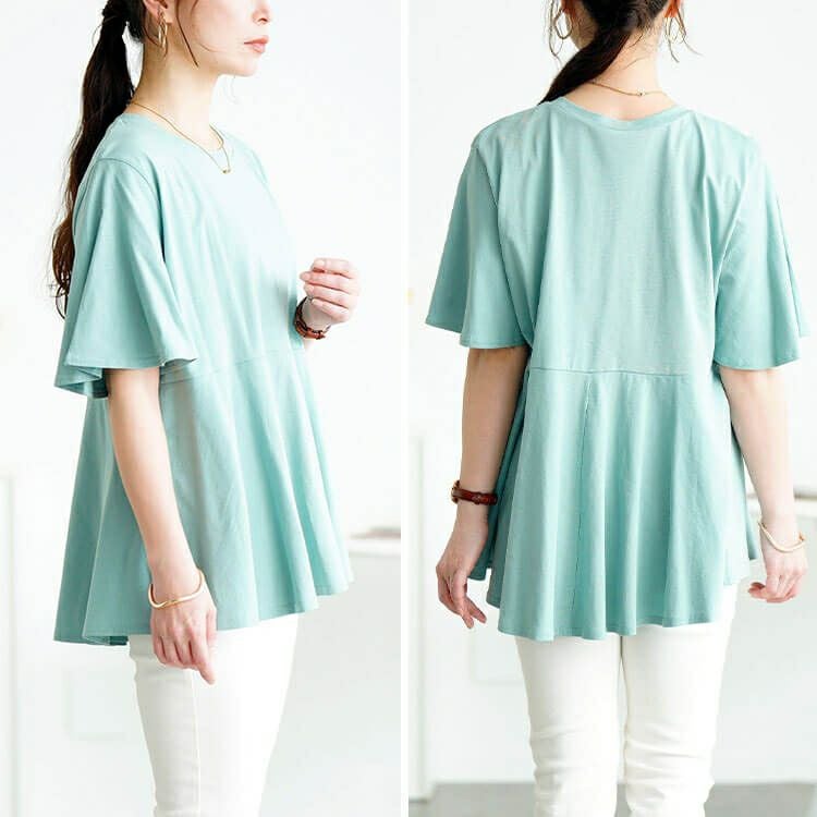 大きいサイズ レディース フレアスリーブペプラムコットンカットソー　wk-0517【メール便可】