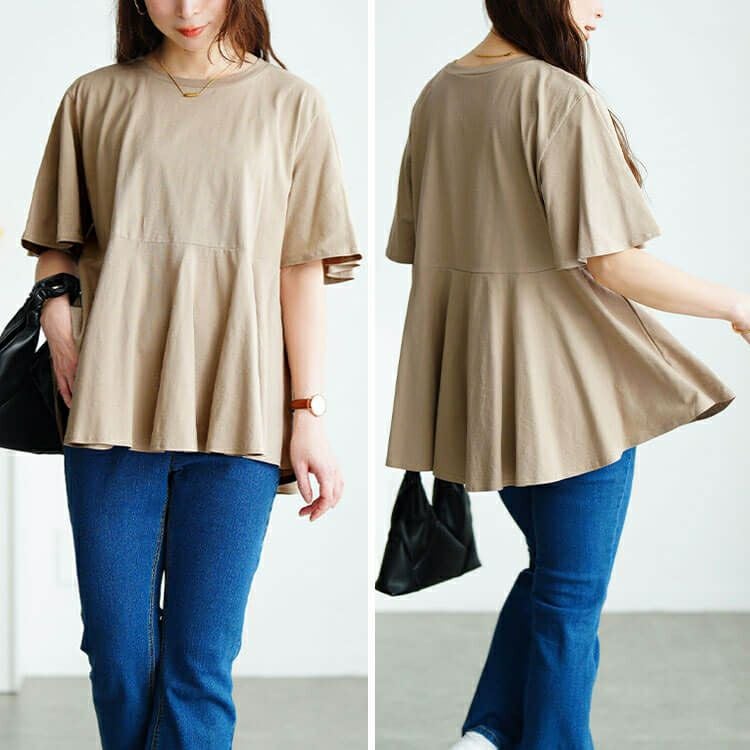 大きいサイズ レディース フレアスリーブペプラムコットンカットソー　wk-0517【メール便可】