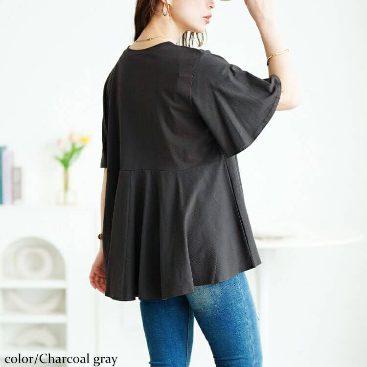 大きいサイズ レディース フレアスリーブペプラムコットンカットソー　wk-0517【メール便可】