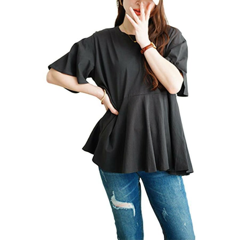 大きいサイズ レディース フレアスリーブペプラムコットンカットソー　wk-0517【メール便可】 チャコールグレー