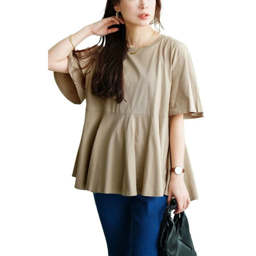 大きいサイズ レディース フレアスリーブペプラムコットンカットソー　wk-0517【メール便可】 グレーベージュ