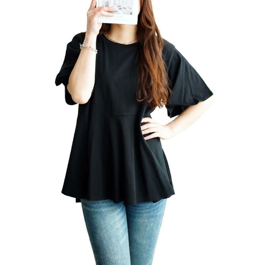 大きいサイズ レディース フレアスリーブペプラムコットンカットソー　wk-0517【メール便可】 ブラック