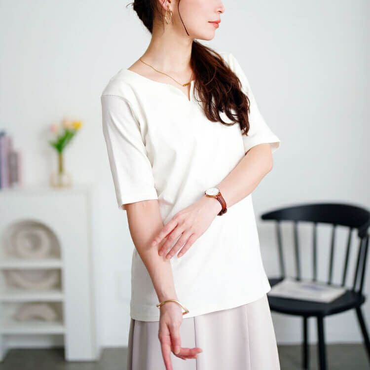 大きいサイズ レディース キーネックコットンカットソー　wk-0511【メール便可】