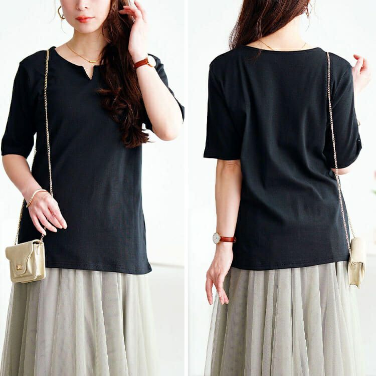 大きいサイズ レディース キーネックコットンカットソー　wk-0511【メール便可】