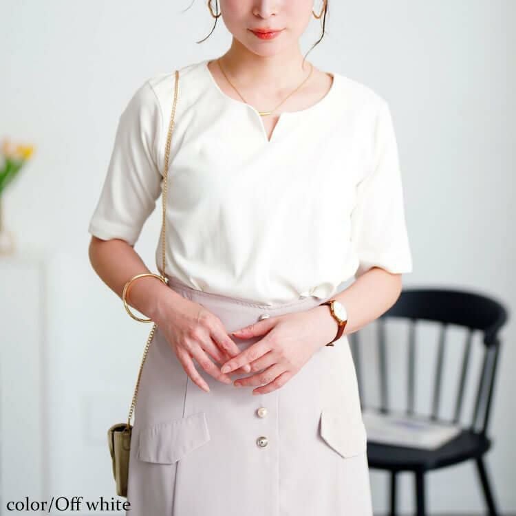 大きいサイズ レディース キーネックコットンカットソー　wk-0511【メール便可】 オフホワイト