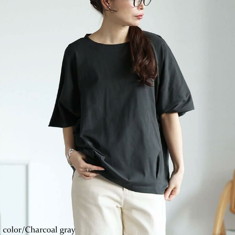 大きいサイズ レディース 裾タックコットンドルマンプルオーバー　wk-0474【メール便可】 チャコールグレー