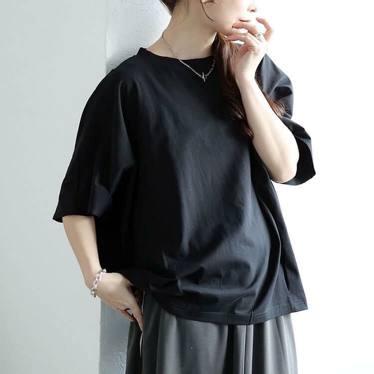 大きいサイズ レディース 裾タックコットンドルマンプルオーバー　wk-0474【メール便可】 ブラック