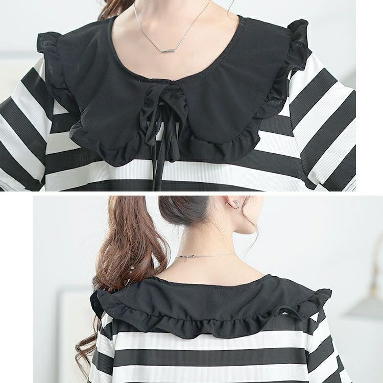 大きいサイズ レディース フリル襟ボーダーチュニックワンピース　goldy-1679【メール便可】