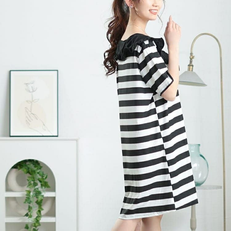 大きいサイズ レディース フリル襟ボーダーチュニックワンピース　goldy-1679【メール便可】