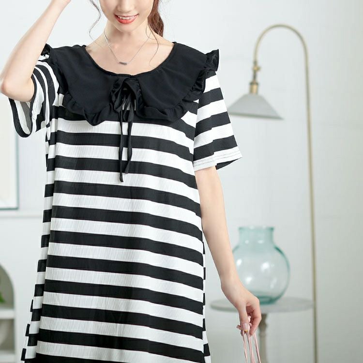 大きいサイズ レディース フリル襟ボーダーチュニックワンピース　goldy-1679【メール便可】